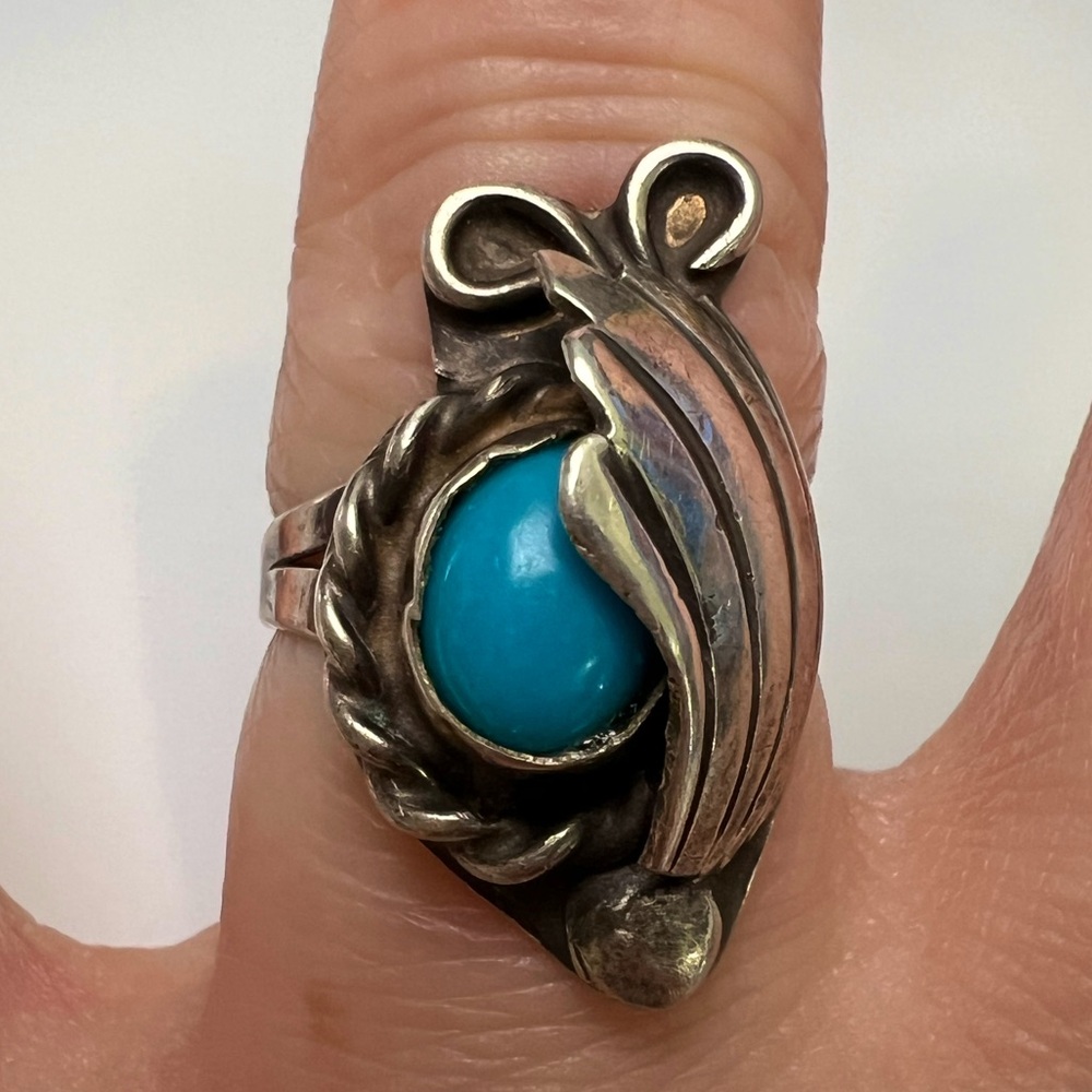 Turquoise Feather Sterling Silver 925 Ring, Size 7